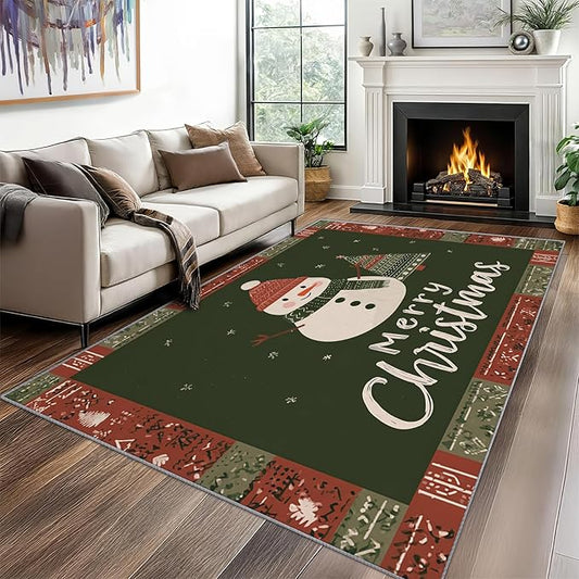 Kids Christmas Area Rug, 5x6 Rug for Bedroom, Snowman Xmas Tree Snowflake Washable Rugs for Living Room, Non Slip Soft Low Pile Stain Resistant Carpet, Christmas Holiday Room Decor