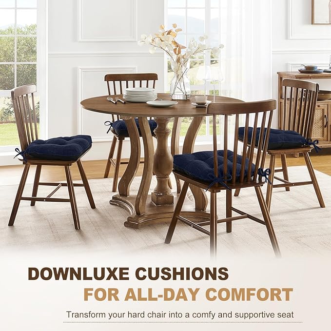 downluxe Indoor Chair Cushions for Dining Chairs, Tufted Overstuffed Textured Foam Kitchen Chair Pads with Ties and Non-Slip Backing, 15.5" x 15.5" x 4", Navy, 4 Pack