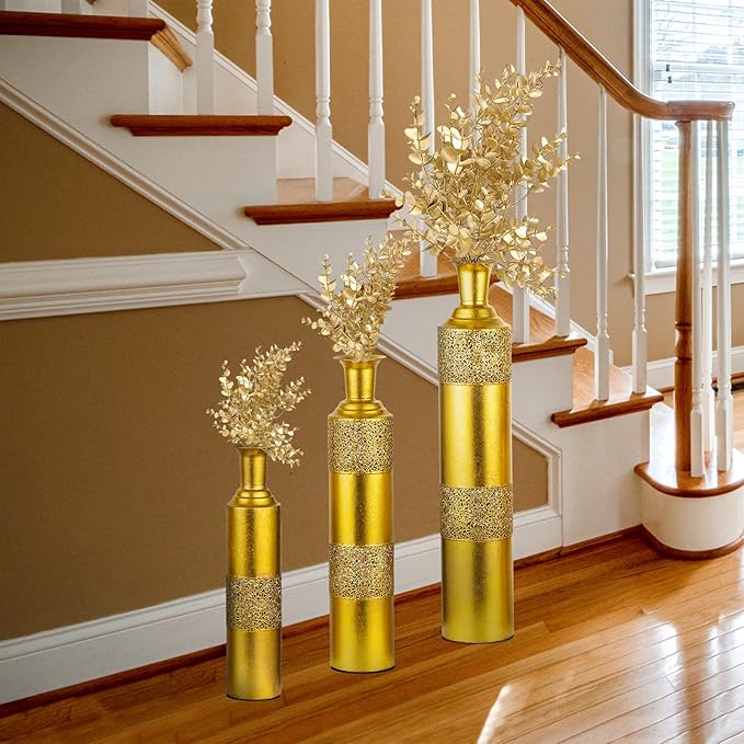 Sziqiqi Metal Floor Vase Gold Large Vases - 32/27/22in Decorative Tall Vase Set of 3 for Home Decor Vintage Big Flower Vases Stand for Twigs Branches Dried Flowers Antique Shabby for Living Room