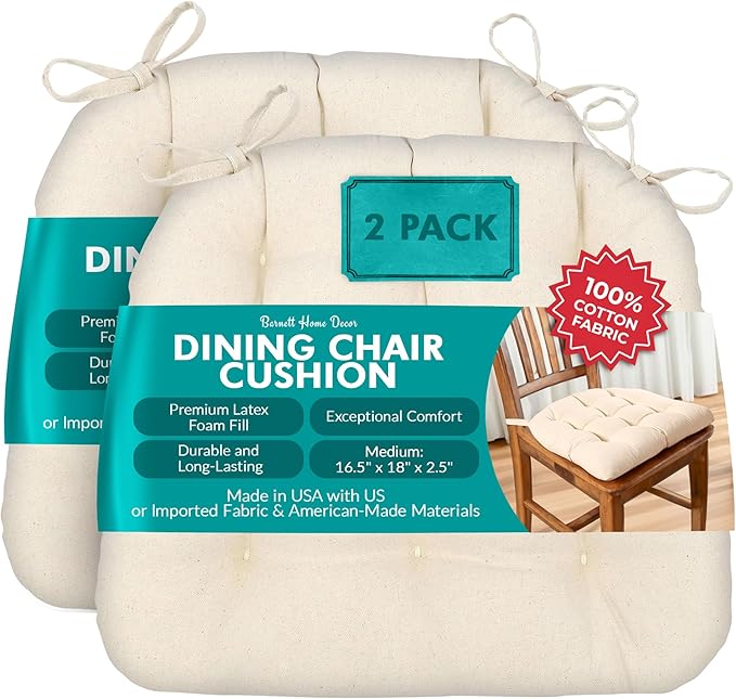 Barnett Home Decor Dining Chair Cushions with Ties, 16.5 x 18 Inches, Pack of 2 – Machine Washable, Made with 100% Cotton and Plush Latex Foam Fill, Made in USA – Cotton Duck Natural