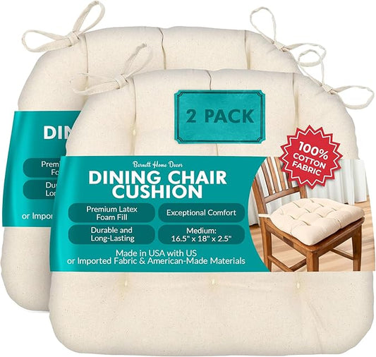 Barnett Home Decor Dining Chair Cushions with Ties, 16.5 x 18 Inches, Pack of 2 – Machine Washable, Made with 100% Cotton and Plush Latex Foam Fill, Made in USA – Cotton Duck Natural