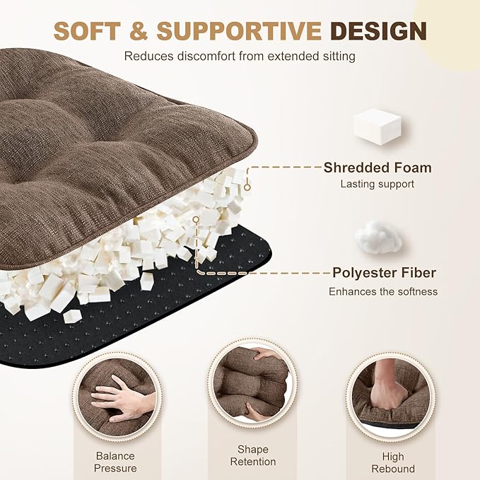 downluxe Indoor Chair Cushions for Dining Chairs, Tufted Overstuffed Textured Foam Kitchen Chair Pads with Ties and Non-Slip Backing, 15.5" x 15.5" x 4", Brown, 4 Pack