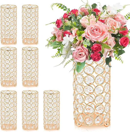 8 Pcs Crystal Metal Vase Centerpiece, 7.9" Cylinder Flower Vase and Hollow-Out Candle Holder for Wedding, Party, Home Table Decor (8, Gold)
