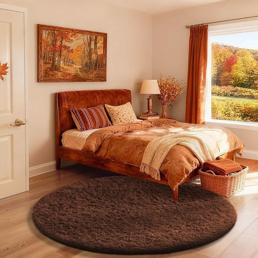 Ophanie Round Rug 4Ft Brown Circle Area Rug, Fluffy Fuzzy Small Bedroom Carpet, Plush Soft Shaggy Floor Living Room Circular Christmas Decor for Kids Boys Girls Home Aesthetic, Nursery, Classroom