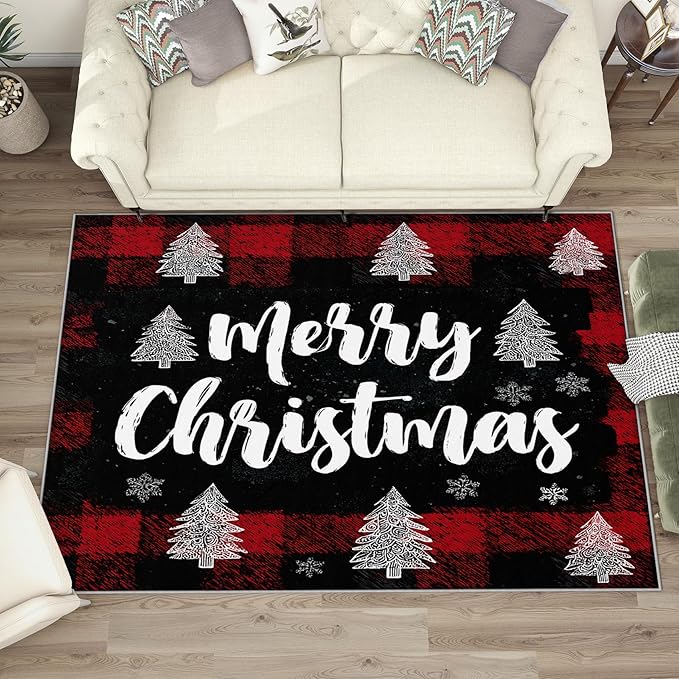 Christmas Area Rug, 5x8 Rug for Bedroom, Xmas Tree Snowflake Holiday Washable Rugs for Living Room, Non Slip Soft Low Pile Stain Resistant Carpet, Merry Christmas Room Decor