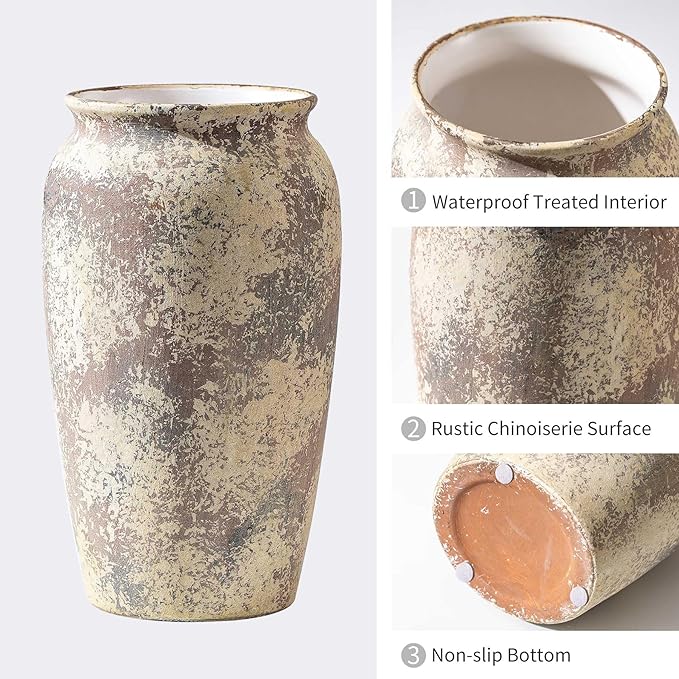 Vintage Ceramic Farmhouse Flower Large Vase, Rustic Terra Cotta Tall Floor Stone Vases, Pottery Decorative Flower Vase for Home Decor, Table, Living Room Decoration, Shelf Decor, Mantel, 9.8 Inch