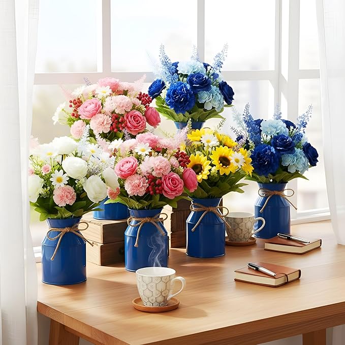 Domensi 5.12 Inch Farmhouse Metal Flower Vase Decor Rustic Galvanized Milk Can Jug Vase with Bow Flower Buckets for Table Centerpiece Fall Halloween Wedding Home Dinging Room Decor(Dark Blue,12 Pcs)