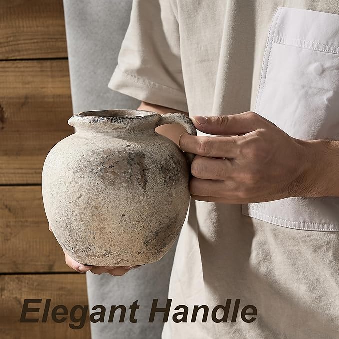 Antique Terracotta Vase with Handle, 5.6 Inch Farmhouse Ceramic Vase Boho Decor Decorative Vase, Rustic Vase for Home Decor, Living Room, Table, Wedding - Distressed Design, Gray