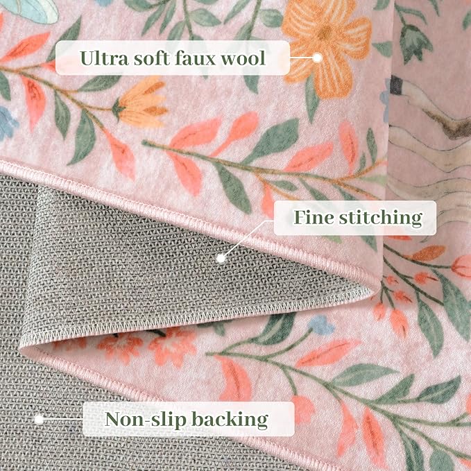 STARUIA 8x10 Area Rugs for Living Room, Unicorn Floral Non-Slip Washable Rugs, Farmhouse Moroccan Vintage Animal Pattern Large Girls Area Rug for Bedroom, Carpet for Dining Room Nurseries(Pink,8'x10')