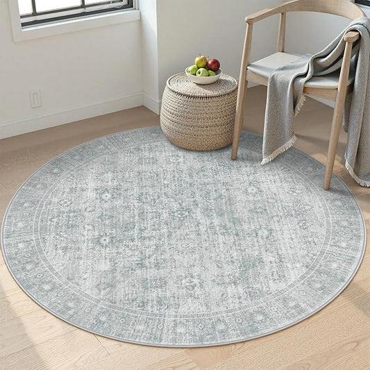 LIVEBOX Washable Area Rug 4ft Boho Round Rug Traditional Rugs for Bedroom, Ultra-Thin Retro Carpet Grey Print Distressed Accent Circle Rugs for Nursery Room Entryway Foyer