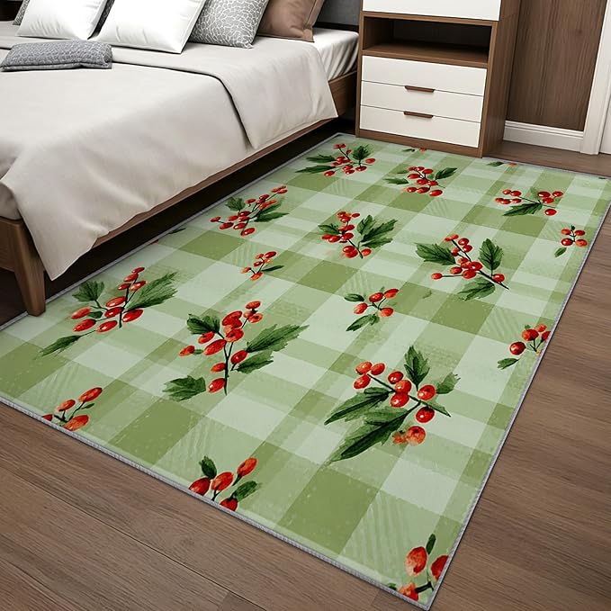 Christmas Area Rug, 6x8 Rug for Bedroom, Xmas Holly Berry Green Buffalo Plaid Washable Rugs for Living Room, Non Slip Soft Low Pile Stain Resistant Carpet, Rustic Farmhouse Room Decor