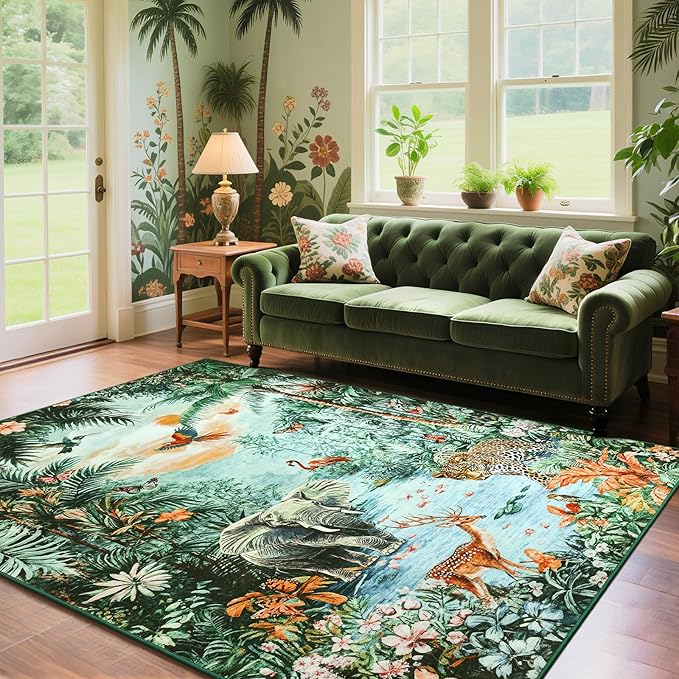 Amearea Jungle Print 6x9 Area Rug for Living Room, Washable Green Rugs for Bedroom, Forest Animal Rug Low Pile Kids Nursery Room Rug, Leopard Rugs Carpet for Boys Girls Playroom Dining Room Decor