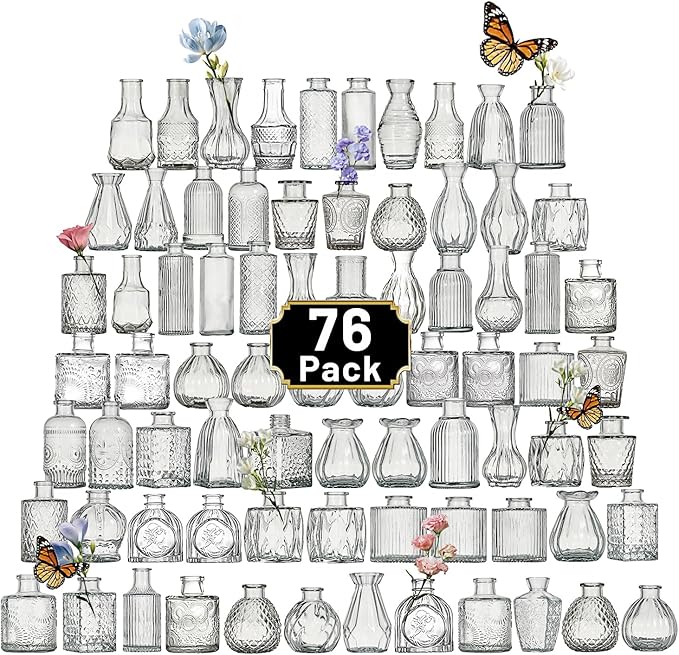 Glass Bud Vase Set of 76 Pcs Small Minimalist Vases for Flowers, Vintage Rustic Home Decor for Table Centerpiece Wedding Party, Modern Clear Aromatherapy Bottle for Living Room Bedroom