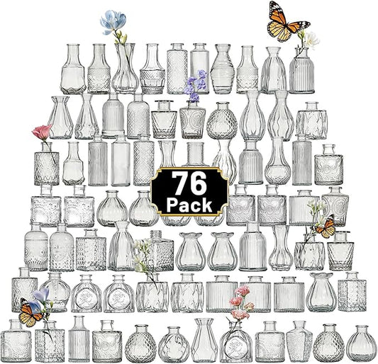 Glass Bud Vase Set of 76 Pcs Small Minimalist Vases for Flowers, Vintage Rustic Home Decor for Table Centerpiece Wedding Party, Modern Clear Aromatherapy Bottle for Living Room Bedroom