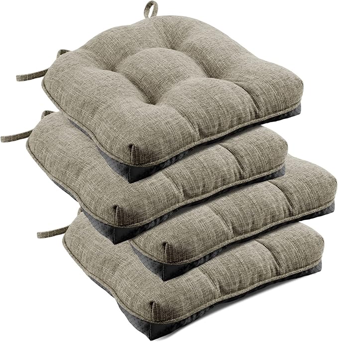 downluxe Indoor Chair Cushions for Dining Chairs, Tufted Overstuffed Textured Memory Foam Kitchen Chair Pads with Ties and Non-Slip Backing, 15.5" x 15.5" x 4", Khaki, 4 Pack