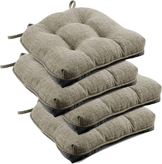 downluxe Indoor Chair Cushions for Dining Chairs, Tufted Overstuffed Textured Memory Foam Kitchen Chair Pads with Ties and Non-Slip Backing, 15.5" x 15.5" x 4", Khaki, 4 Pack