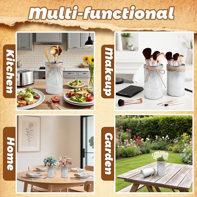 6" High Vase Centerpiece for Table, Rustic Farmhouse Mason Jars with Twine Bow, Vintage Galvanized Metal Flower Container for Wedding Home Decor (Silver, 2Pcs)