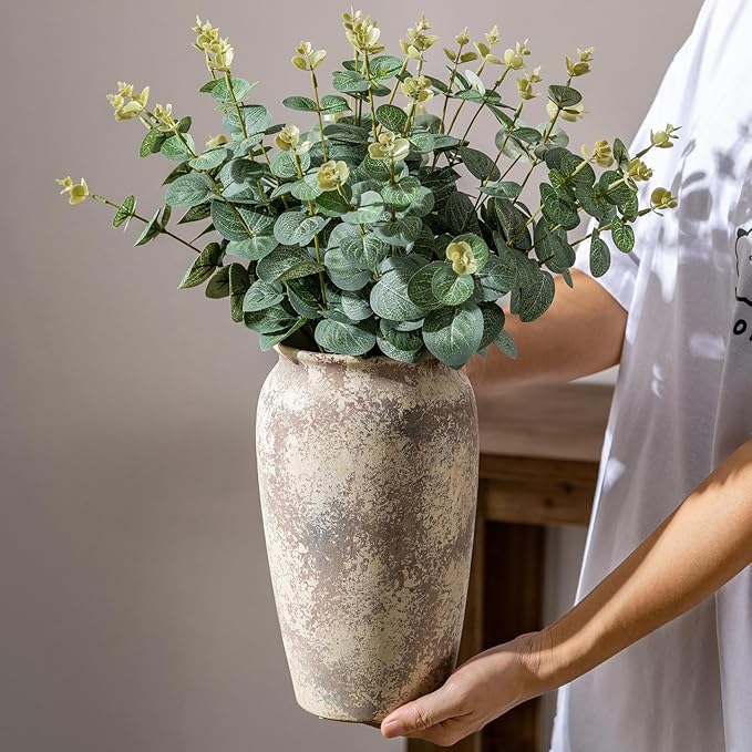 Vintage Ceramic Farmhouse Flower Large Vase, Rustic Terra Cotta Tall Floor Stone Vases, Pottery Decorative Flower Vase for Home Decor, Table, Living Room Decoration, Shelf Decor, Mantel, 9.8 Inch