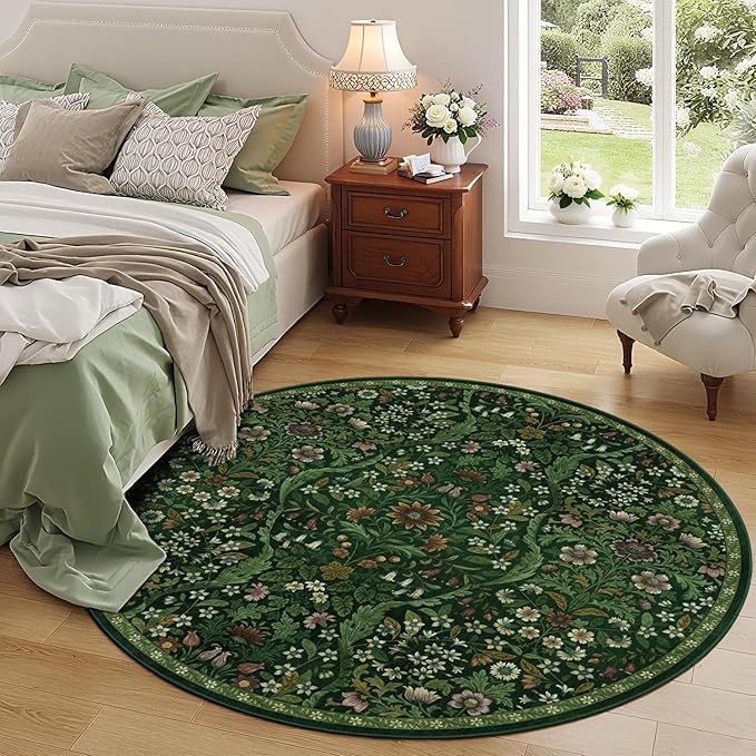 Round Rug 6ft Dark Green Washable Floral Circle Rug,Vintage Boho Botanical Round Area Rugs, Non-Slip Soft Low-Pile Circular Carpet for Bedroom,Kids Room,College Dorm,Home Decor