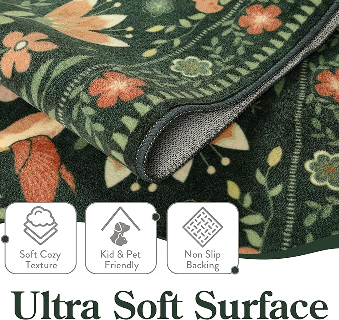 Moynesa Floral Bird Round Rug 6ft Washable Circle Rug Non Slip,Modern Cottage Green Area Rugs for Bedroom Reading Coner,Farmhouse Living Dining Room Aesthetic Carpet Vintage Home Decor