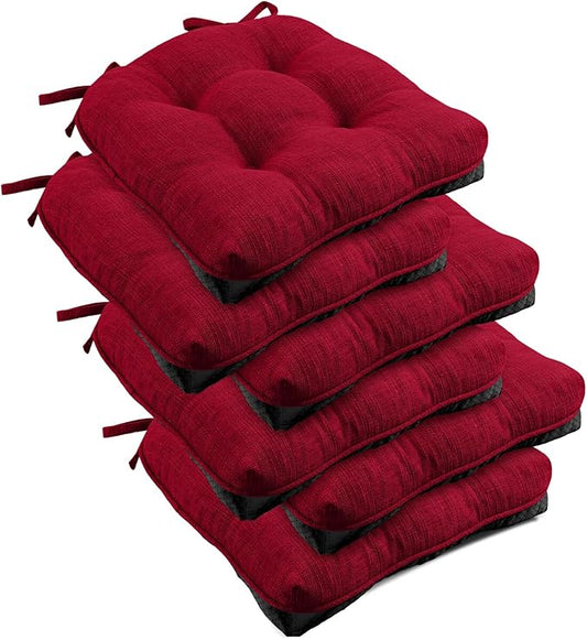 downluxe Indoor Chair Cushions for Dining Chairs, Tufted Overstuffed Textured Foam Kitchen Chair Pads with Ties and Non-Slip Backing, 15.5" x 15.5" x 4", Red, 6 Pack