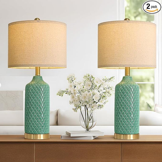 G-SAFAVA24.25 Modern Ceramic Green Table Lamps Set of 2 for Living Room, Farmhouse, Bedside, Bedroom, Side & End Tables Nightstand Light Home Office Desk Lamps Gifts