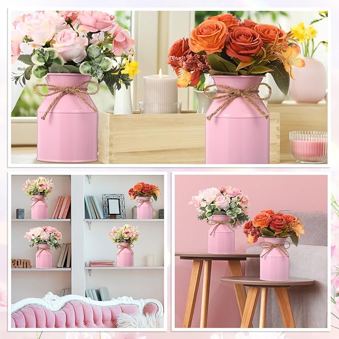 Domensi 5.12 Inch Farmhouse Metal Flower Vase Decor Rustic Galvanized Milk Can Jug Vase with Bow Flower Buckets for Table Centerpiece Fall Halloween Wedding Home Dinging Room Decor(Pink,6 Pcs)