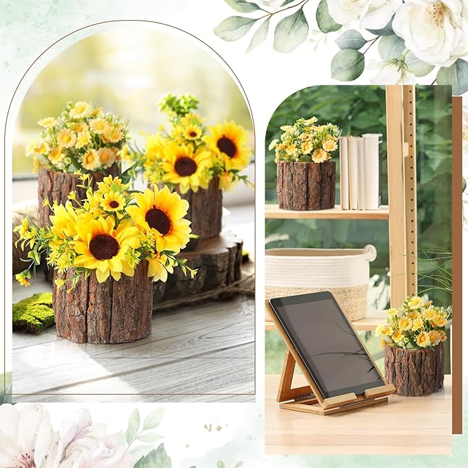 6 Pcs Wooden Vase for Centerpieces Christmas Table Decor Wooden Flower Vase Rustic Bark Stump Buckets Vintage Wood Planter Pots for Xmas Woodland Party Wedding Window Home Farmhouse