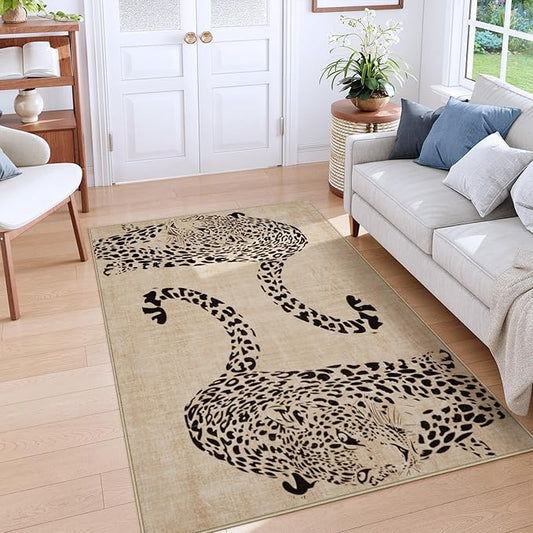 OJIA Leopard Print 5x7 Rugs for Living Room, Soft Ultra-Thin Washable Area Rugs for Bedroom Non-Slip Neutral Rug Non-Shedding Indoor Carpet Kids Rugs for Playroom Nursery Girls Boys Dorm Classroom