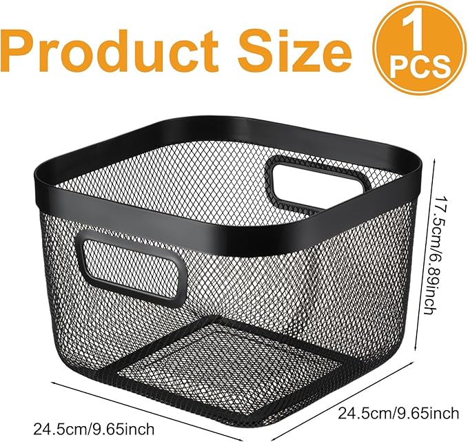 1 Pack Metal Mesh Basket with Hollow Handles Black Wire Storage Bin for Organizing Stackable Metal Fine Mesh Basket for Pantry Bathroom Kitchen Cabinets Shelves (Medium)