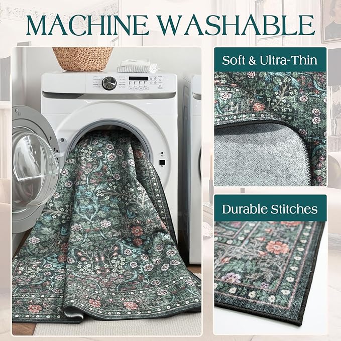 Boho Round Rug 4ft - Soft Washable Black Green Floral Round Bathroom Rug Non Slip Stain Resistant Vintage Botanical Circle Area Rugs for Living Room Bedroom Entryway Dining Room Office Nursery