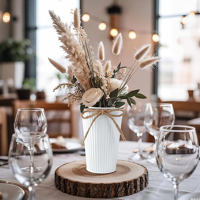 24Pcs Small Galvanized Metal Vases for Centerpieces White Flower Buckets with Twine Bow 4 Inch Artificial Floral Vase in Bulk Rustic Home Decor