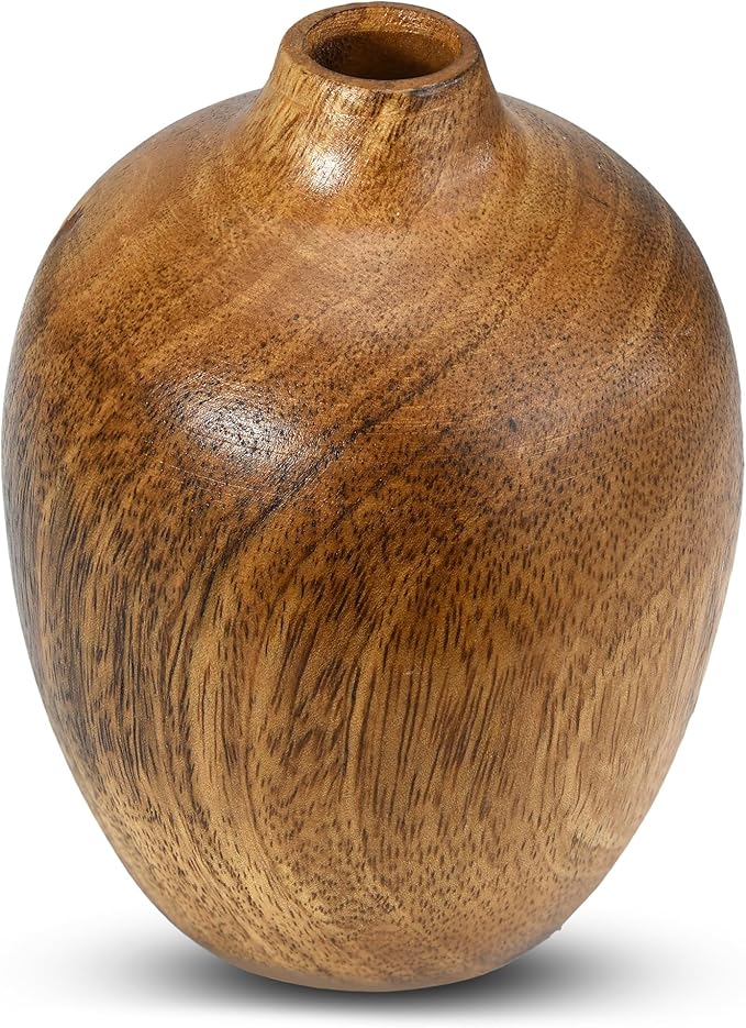 AeraVida Rustic Elegance Small Round Hand-Carved Wooden Flower Vase | Mango Tree Wood Kitchen Decor | Handmade Vase | Handmade Home Office Table Vase