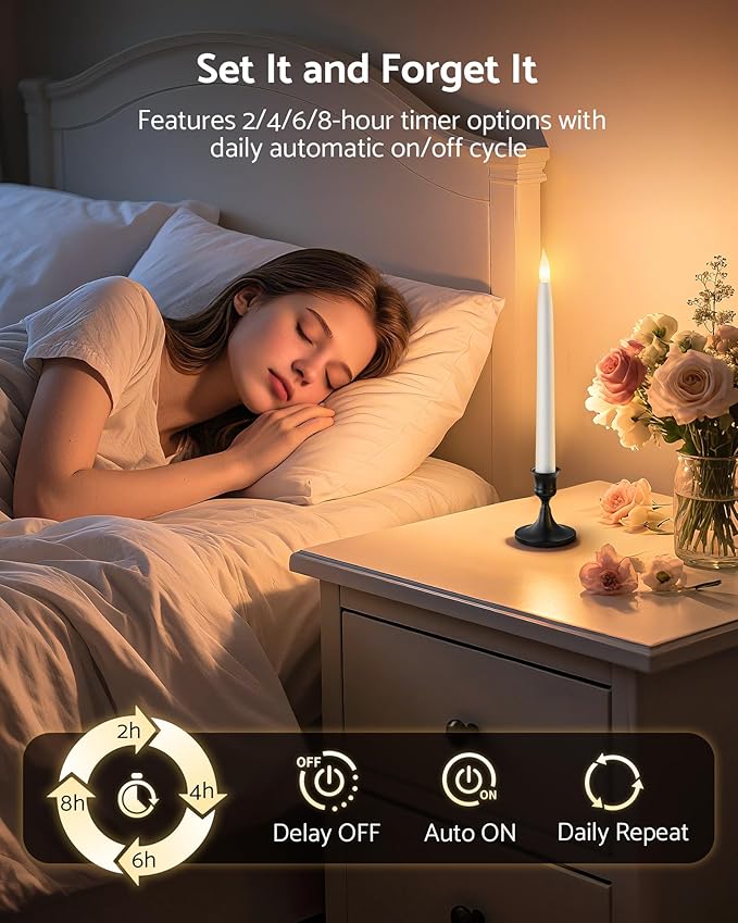 10.5" Flameless Taper Candles, Battery Operated Plastic LED Candlesticks with Remote, Timer & Dimmer, 3D Flickering Flame for Wedding, Christmas, Halloween, Home Decor, 6 Pack, White