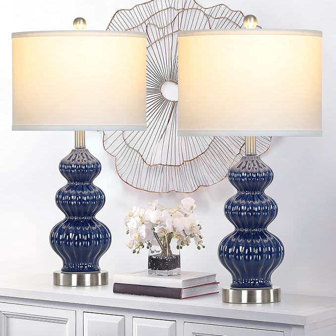 Triple Gourd Ceramic Table Lamps Set of 2, Modern Blue Bedside Lamps with Rotary Switch, Contemporary Nightstand Lamps for Bedroom Living Room