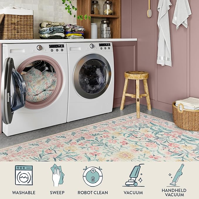 Lahome Boho Light Pink Round Rug 4ft, Washable Small Circle Rugs for Bedroom Kids, Pink and Green Nursery Circular Carpet Girl Decor, Soft Non-Slip Round Carpet for Sunroom, Blush