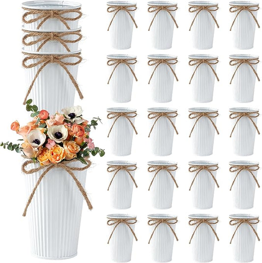 24Pcs Small Galvanized Metal Vases for Centerpieces White Flower Buckets with Twine Bow 4 Inch Artificial Floral Vase in Bulk Rustic Home Decor