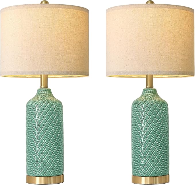 G-SAFAVA24.25 Modern Ceramic Green Table Lamps Set of 2 for Living Room, Farmhouse, Bedside, Bedroom, Side & End Tables Nightstand Light Home Office Desk Lamps Gifts