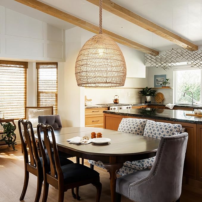1 Light Boho Chandelier Rattan Dining Lighting Fixture, 13.77''W Woven Hemp Rope Kitchen Pendant Light, Coastal Wicker Natural Ceiling Hanging Lamp Crafts Lampshade for Bedroom Living Room