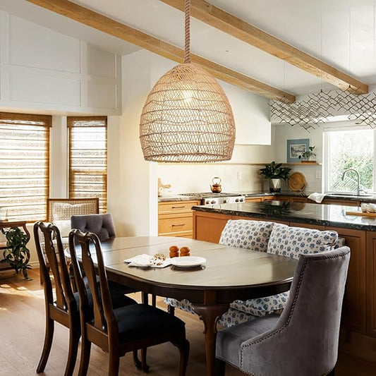 1 Light Boho Chandelier Rattan Dining Lighting Fixture, 13.77''W Woven Hemp Rope Kitchen Pendant Light, Coastal Wicker Natural Ceiling Hanging Lamp Crafts Lampshade for Bedroom Living Room