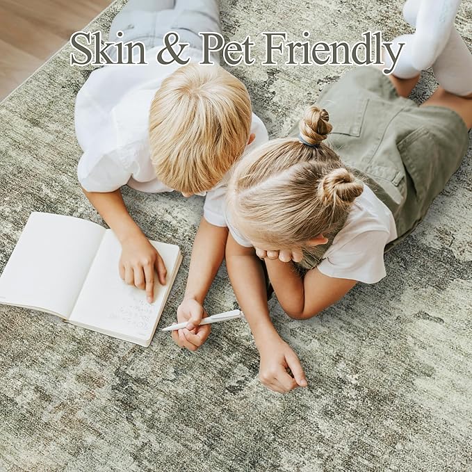 Area Rug 6x9 Abstract Living Room Washable Rugs Green Black Non Slip Low Pile Carpet for Bedroom Dining Room Foldable Thin