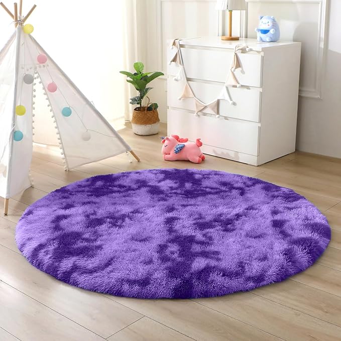 OPPODREAM Round Rugs 5ft for Play Room, Ultra Soft Circle Rug for Bedroom, 5 ft Fluffy Kids Carpet with 0.4" Thick Non-Slip Backing, Long Pile Shag Carpet, Fuzzy, Shaggy, Tie-dye Purple & Blue