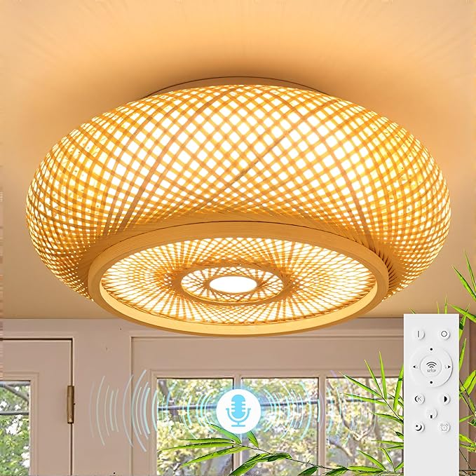 Bamboo LED Ceiling Light Fixtures Smart Ceiling Light Voice Control Boho Flush Mount Ceiling Light Dimmable with Remote Handmade Bamboo Woven Ceiling Lights for Bedroom Living Room 19.6 Inch