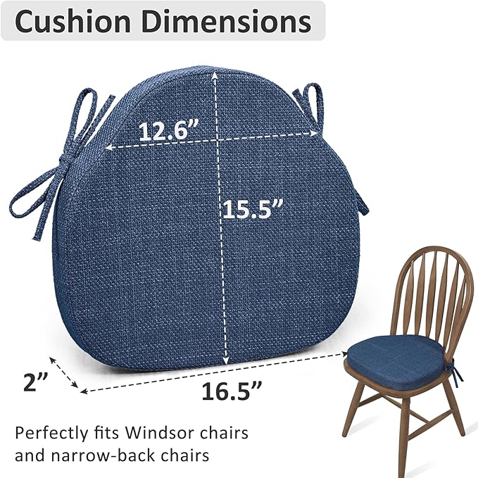 Shinnwa Dining Chair Cushions Set of 4, High-Resilience Foam Windsor Seat Pads, Kitchen Chair Cushions with Ties & Textured Cover, 4 Pack, 16.5 x 15.5 x 2, Navy Blue