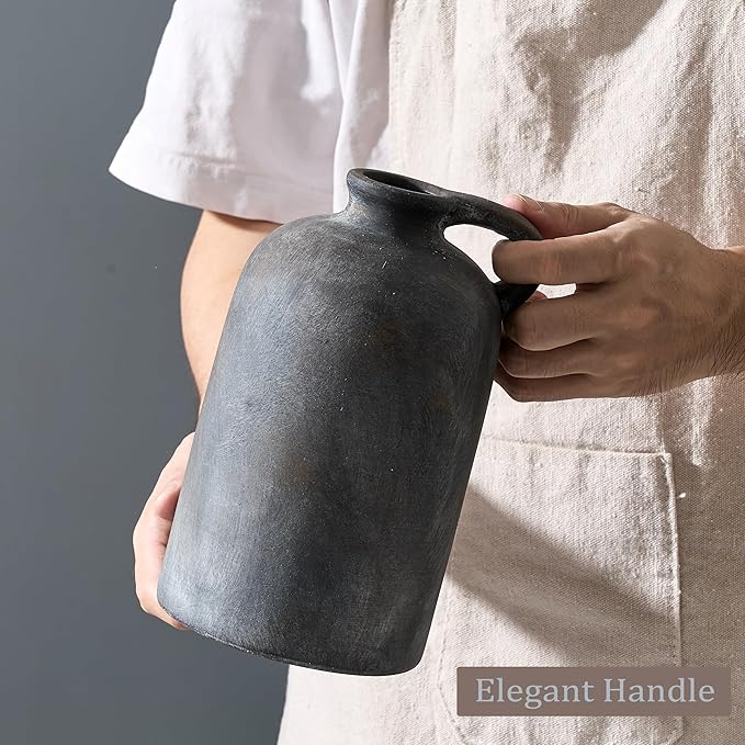 Ceramic Rustic Vase for Home Decor, Terracotta Vase with Handle, Handcrafted Vintage Decorative Flower Vase for Farmhouse, Living Room, Table, Fireplace, Nightstand - Black Bronze