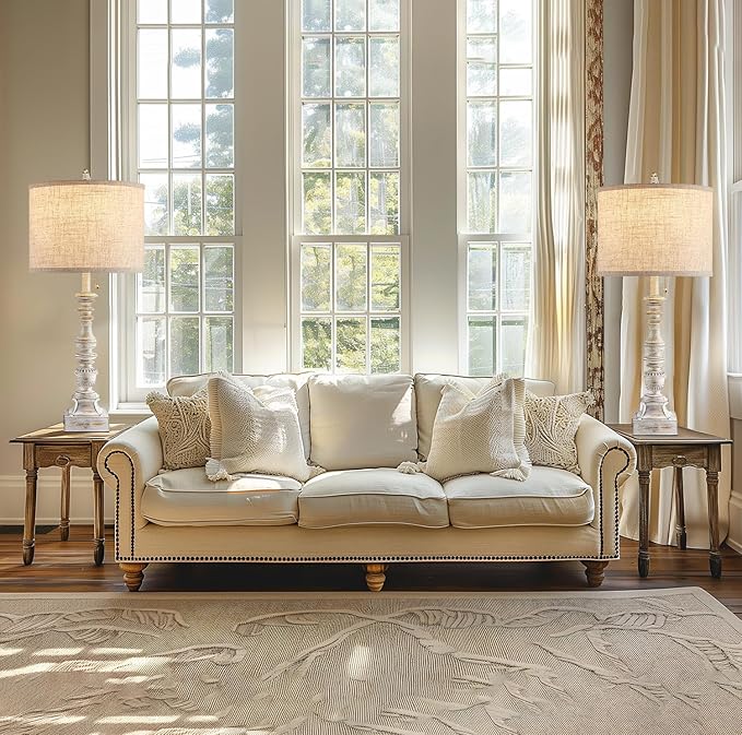 Set of 2 Farmhouse Table Lamps for Living Room, 29.5" Inch Tall Rustic Bedrooms Nightstand Table Lamp with USB-C & USB-A Charging + AC Outlet, Pull Chain Bedside Lamp for End Table, Antique White