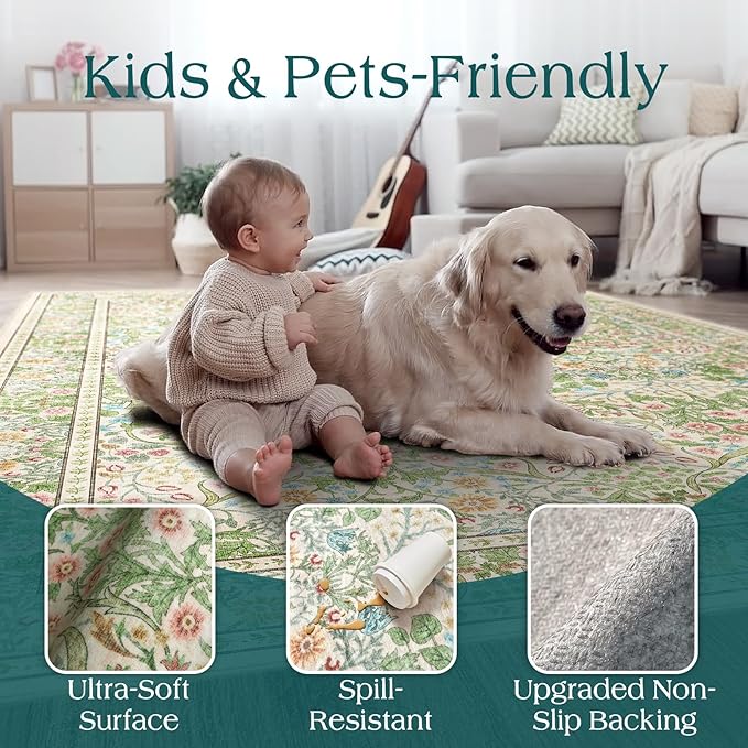 Light Green Round Rugs 6ft - Soft Washable Boho Floral Bedroom Circle Rug Stain Resistant Dining Room Rugs for Under Round Table Beige Vintage Area Rug for Living Room Office Home Decor