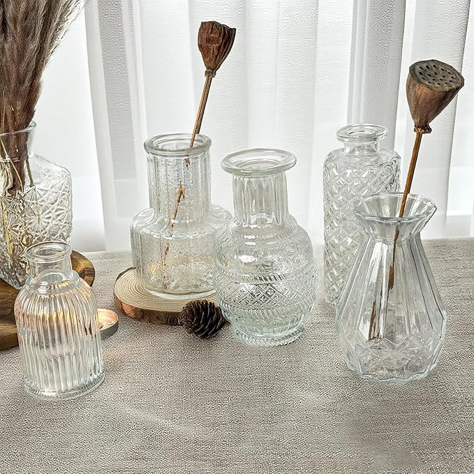 Glass Bud Vase Set of 12 Pcs Small Minimalist Vases for Flowers, Vintage Rustic Home Decor for Table Centerpiece Wedding Party, Modern Clear Aromatherapy Bottle for Living Room Bedroom