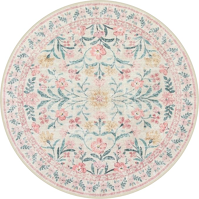 Lahome Boho Light Pink Round Rug 4ft, Washable Small Circle Rugs for Bedroom Kids, Pink and Green Nursery Circular Carpet Girl Decor, Soft Non-Slip Round Carpet for Sunroom, Blush