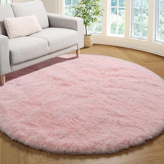 ONASAR Light Pink Round Area Rugs 3ft for Bedroom Living Room, Fluffy Cat Dog Bed Mat, Washable Circle Rug for Kids Girls Boys Teen, Soft Plush Shaggy Carpet for Nursery Dorm Home Decor Aesthetic